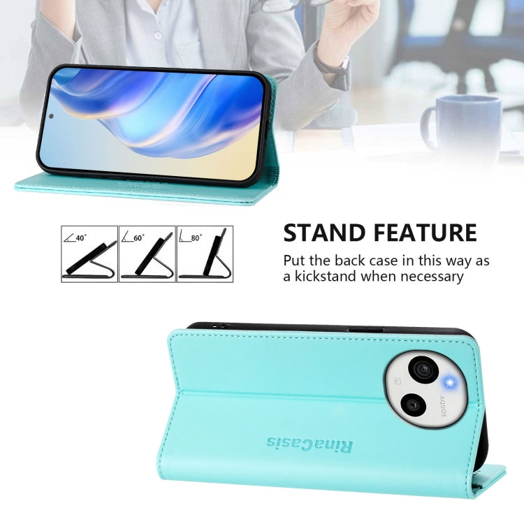 Funda de Cuero Rfid para Sharp Aquos Sense9 Rc01 con Doble Pliegue y Succión Magnética (Verde Menta)
