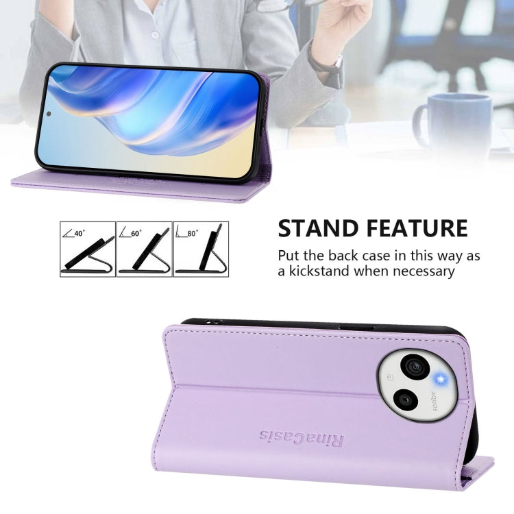Funda de Cuero RFID para Sharp Aquos Sense9 Rc01 con Doble Pliegue y Succión Magnética (Morado Claro)