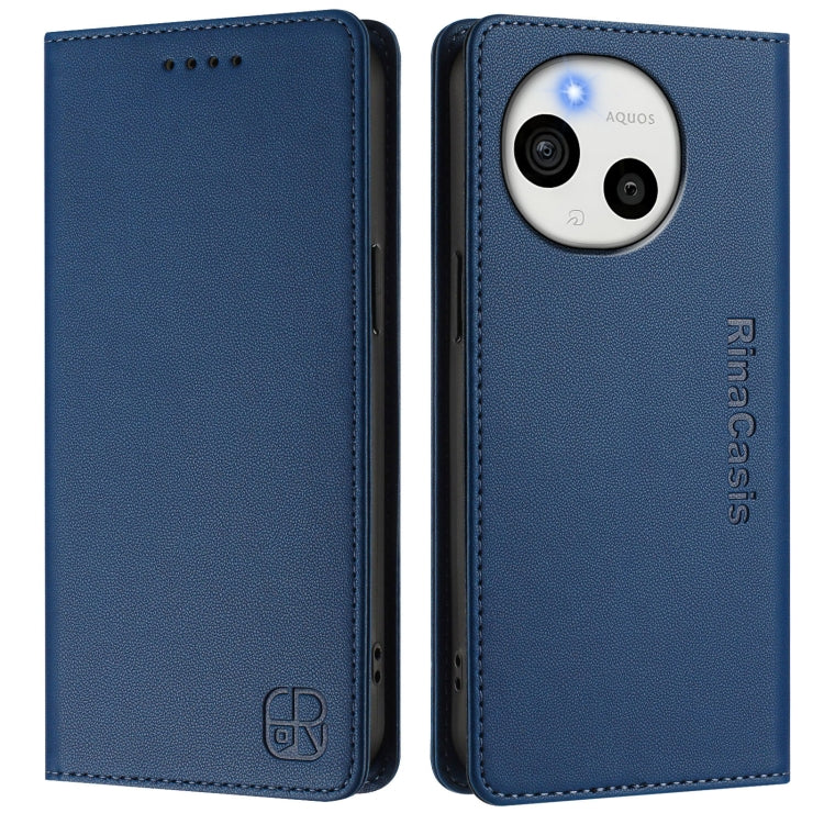 Funda de Cuero Rfid para Sharp Aquos Sense9 Rc01 con Doble Pliegue y Succión Magnética (Azul Oscuro)