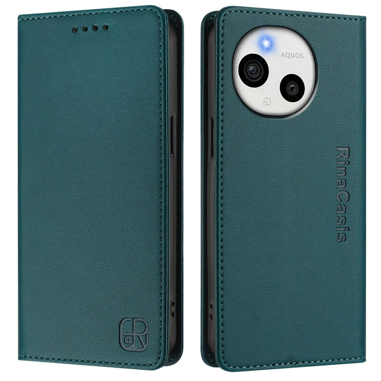 Funda de Cuero RFID para Sharp Aquos Sense9 Rc01 con Doble Pliegue y Succión Magnética (Verde Oscuro)
