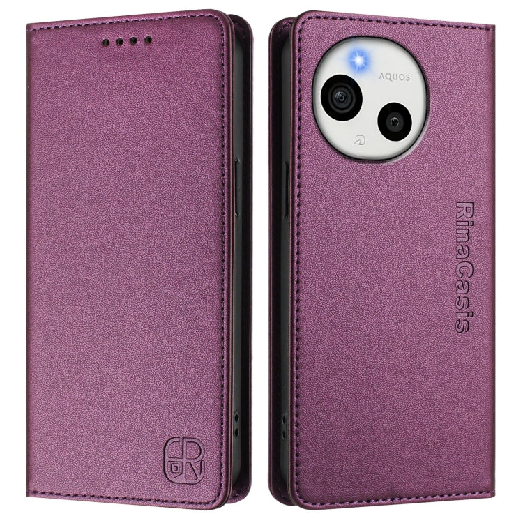 Funda de Cuero Rfid con Doble Pliegue y Succión Magnética para Sharp Aquos Sense9 Rc01 (Violeta)