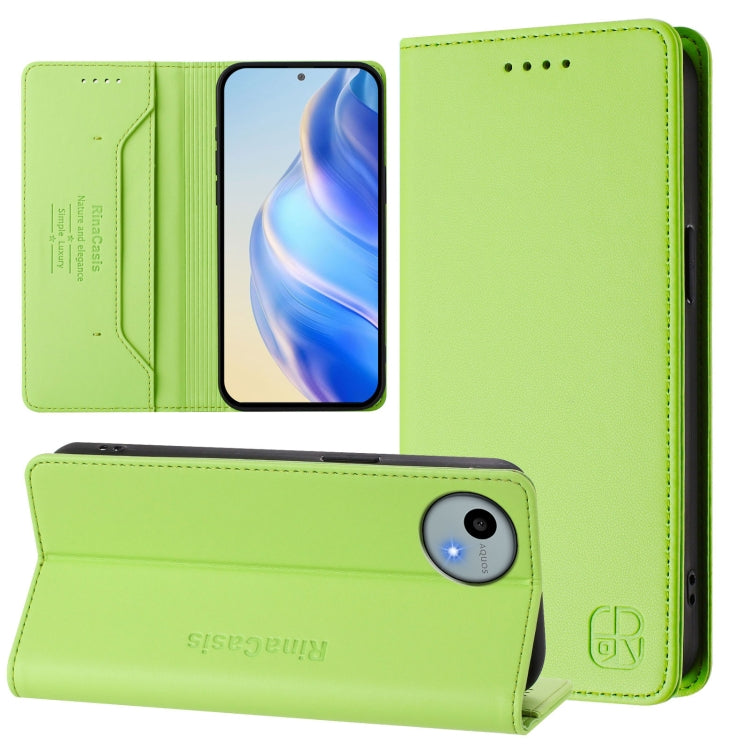 Funda de Cuero Rfid para Sharp Aquos Wish4 Sh-52E Rc01 con Doble Pliegue y Succión Magnética (Verde Hierba)