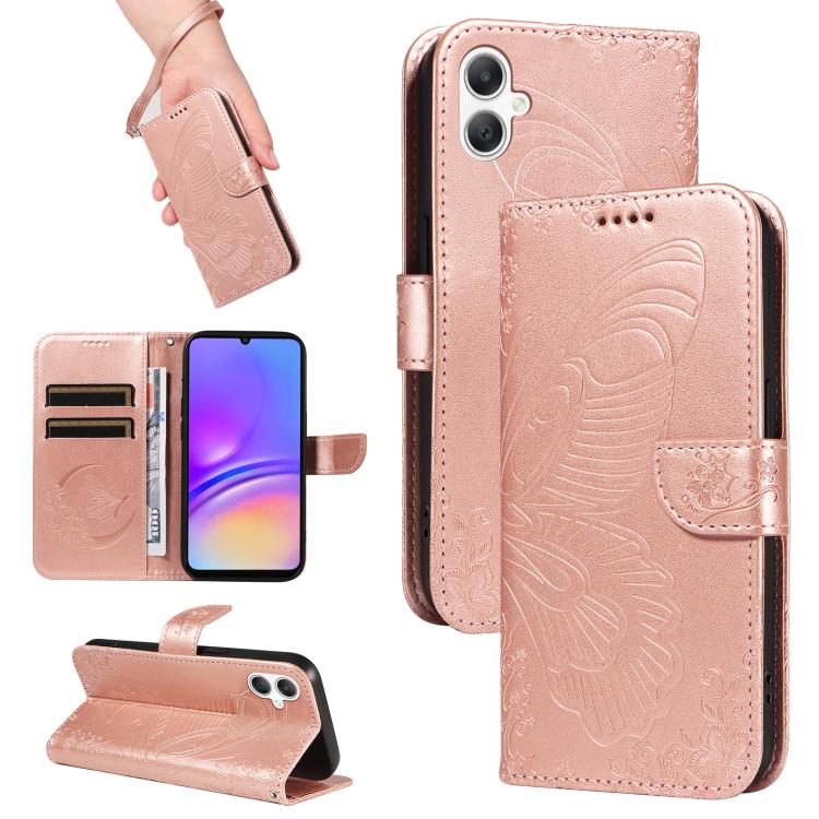 Funda de cuero con relieve de mariposa para Samsung Galaxy A07 5G (oro rosa)