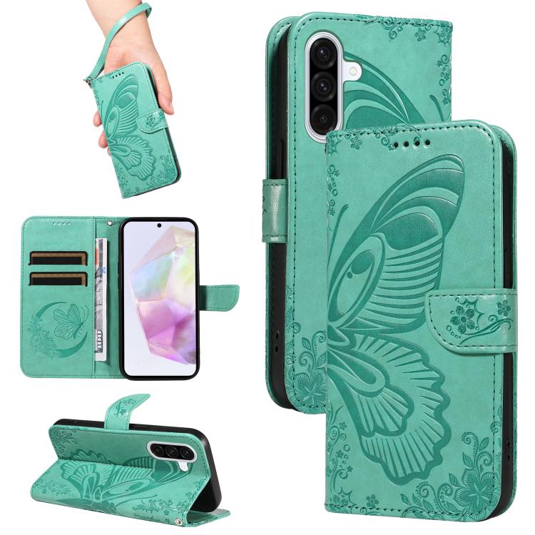Funda de cuero con relieve de mariposa para Samsung Galaxy A56 5G (verde)
