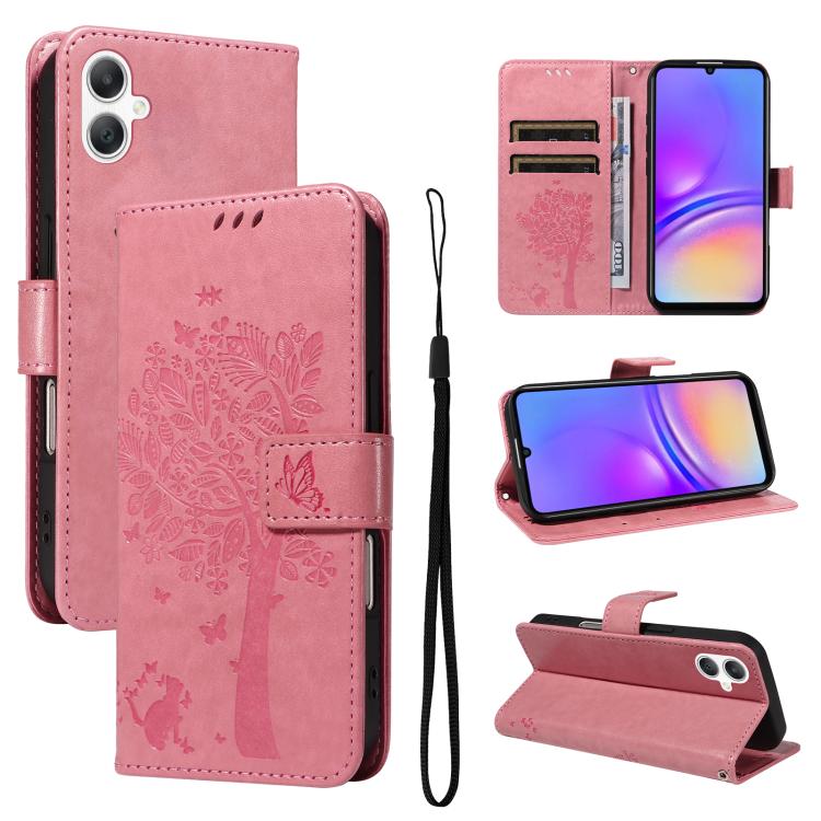 Funda de cuero con tapa y diseño de árbol y gato en relieve para Samsung Galaxy A07 5G (rosa)