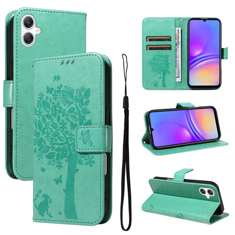 Funda de cuero con tapa y estampado de árbol y gato para Samsung Galaxy A07 5G (verde)