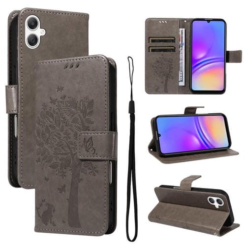 Funda de cuero con tapa y estampado de árbol y gato para Samsung Galaxy A07 5G (gris)