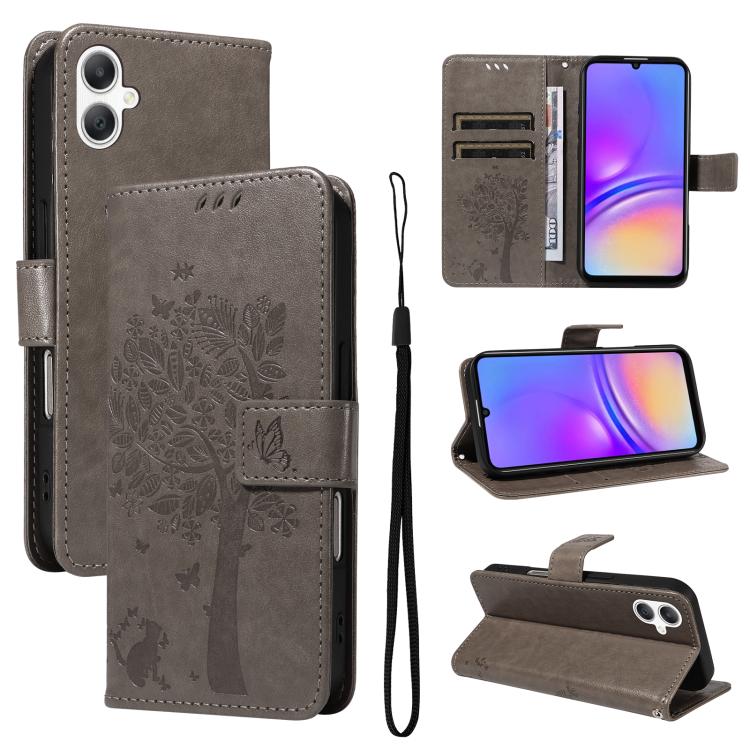 Funda de cuero con tapa y estampado de árbol y gato para Samsung Galaxy A07 5G (gris)