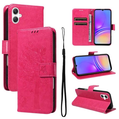 Funda de cuero con tapa y estampado de árbol y gato para Samsung Galaxy A07 5G (rosa)
