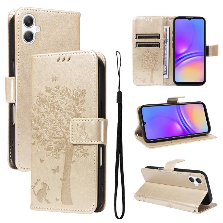 Funda de cuero con tapa y diseño de árbol y gato en relieve para Samsung Galaxy A07 5G (dorada)
