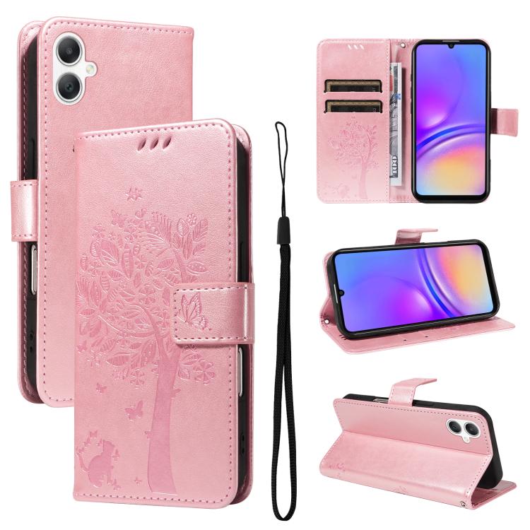 Funda de cuero con tapa y diseño de árbol y gato en relieve para Samsung Galaxy A07 5G (oro rosa)