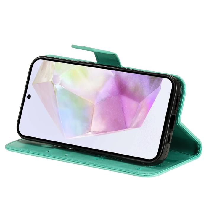 Funda de cuero con tapa y estampado de árbol y gato para Samsung Galaxy A36 5G / M56 5G (verde)