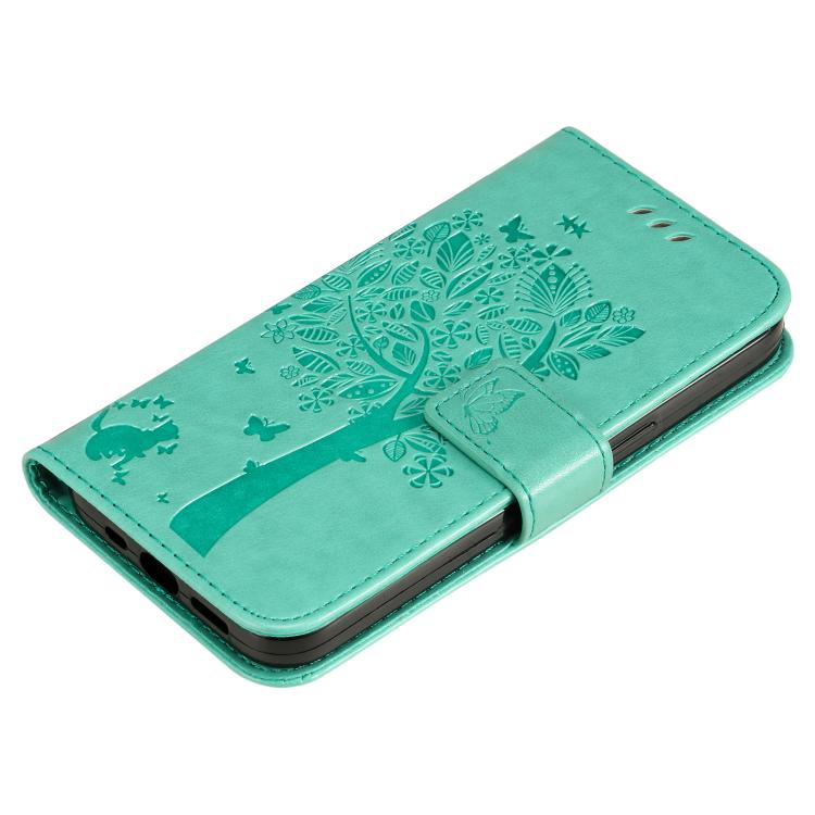 Funda de cuero con tapa y estampado de árbol y gato para Samsung Galaxy A36 5G / M56 5G (verde)