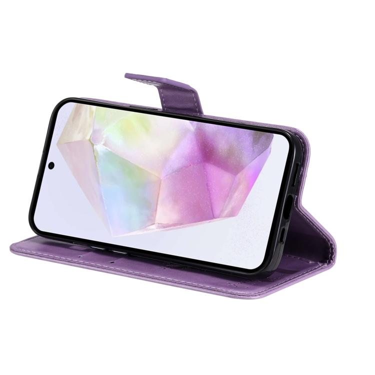 Funda de cuero con tapa y estampado de árbol y gato para Samsung Galaxy A36 5G / M56 5G (morado claro)