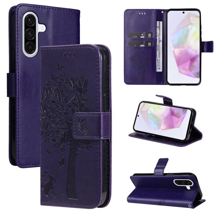 Funda de cuero con tapa y estampado de árbol y gato para Samsung Galaxy A36 5G / M56 5G (morado)