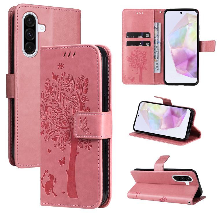 Funda de cuero con tapa y diseño de árbol y gato en relieve para Samsung Galaxy A56 5G (rosa)