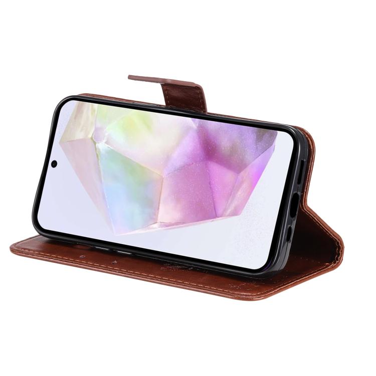 Funda de cuero con tapa y estampado de árbol y gato para Samsung Galaxy A56 5G (café)