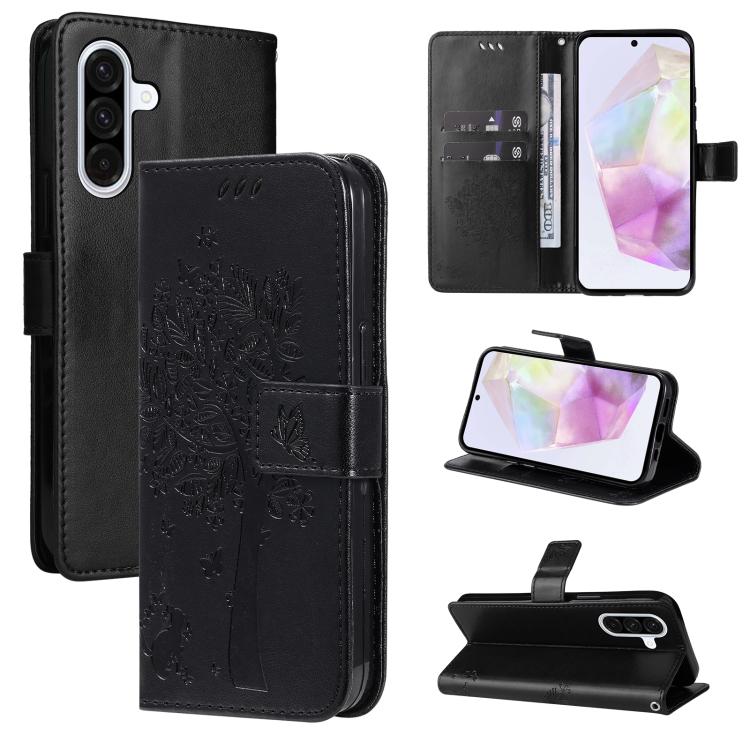 Funda de cuero con tapa y diseño de árbol y gato en relieve para Samsung Galaxy A56 5G (negra)