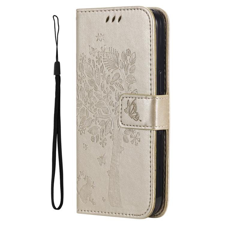 Funda de cuero con tapa y estampado de árbol y gato para Samsung Galaxy A56 5G (dorada)