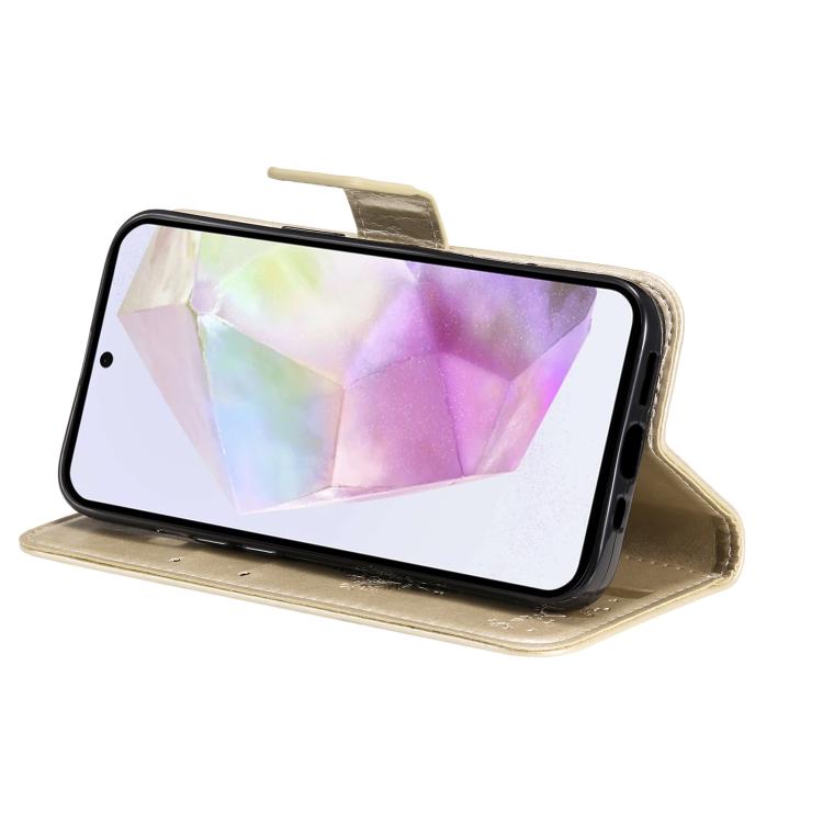 Funda de cuero con tapa y estampado de árbol y gato para Samsung Galaxy A56 5G (dorada)