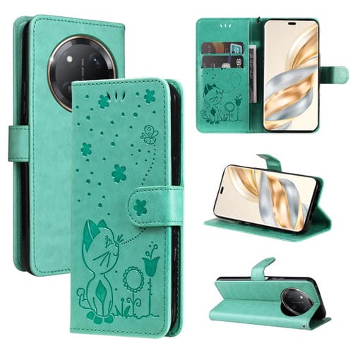 Funda de Cuero para Honor X9C 5G Global a Prueba de Golpes con Estampado de Abeja y Gato (Verde)