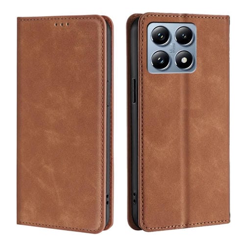 Funda de Cuero Magnética con Tacto de Piel para Xiaomi 14T Pro 5G (Marrón Claro)
