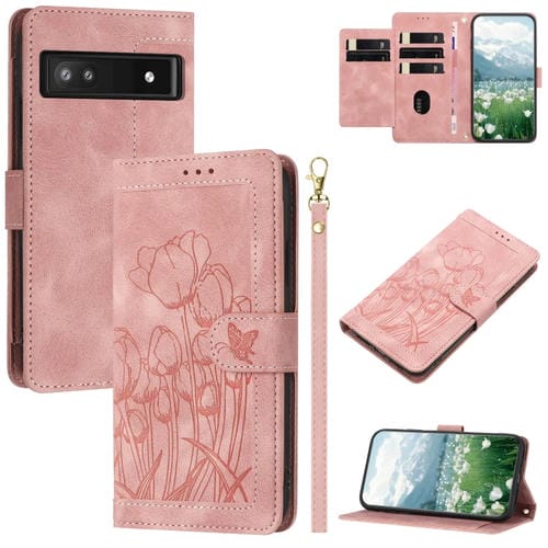 Funda de Cuero con Relieve de Tulipanes para Google Pixel 7A con Cordón (Rosa)