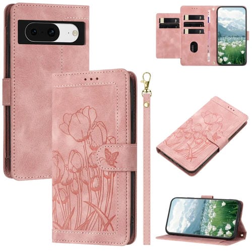 Funda de Cuero con Relieve de Tulipanes para Google Pixel 8 con Cordón (Rosa)