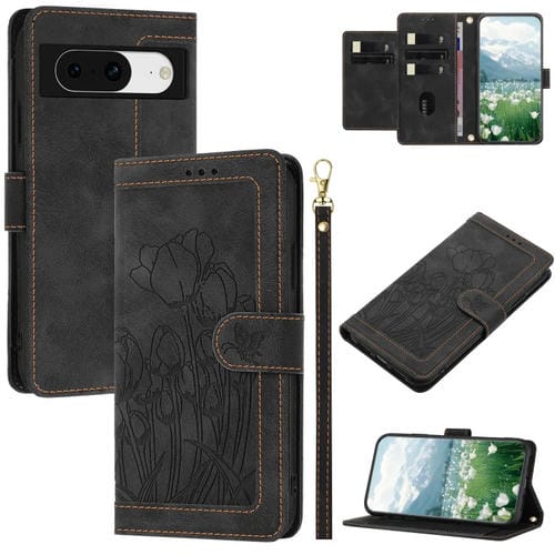 Funda de Cuero con Relieve de Tulipanes para Google Pixel 8A con Cordón (Negro)