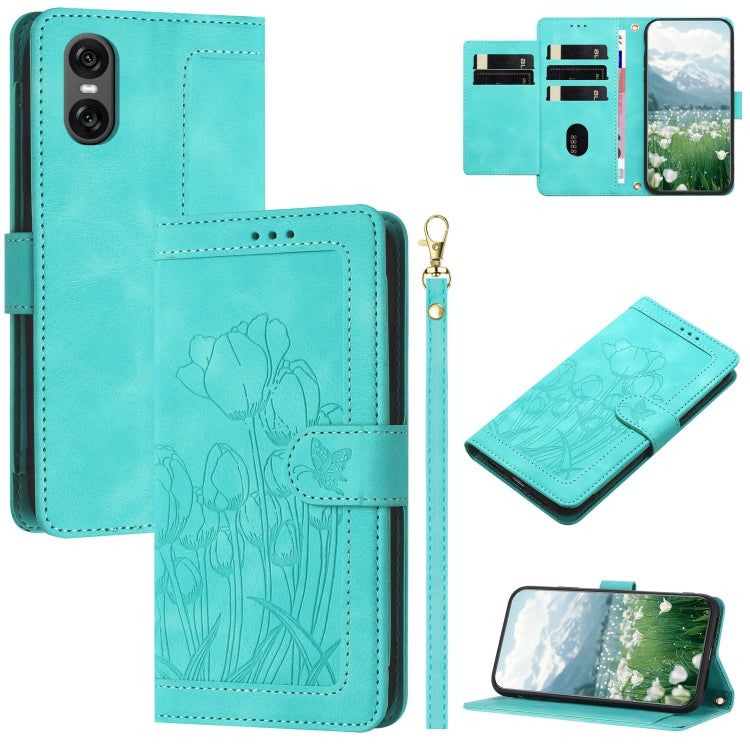 Funda de Cuero con Relieve de Tulipanes para Sony Xperia 10 Vi con Cordón (Verde)