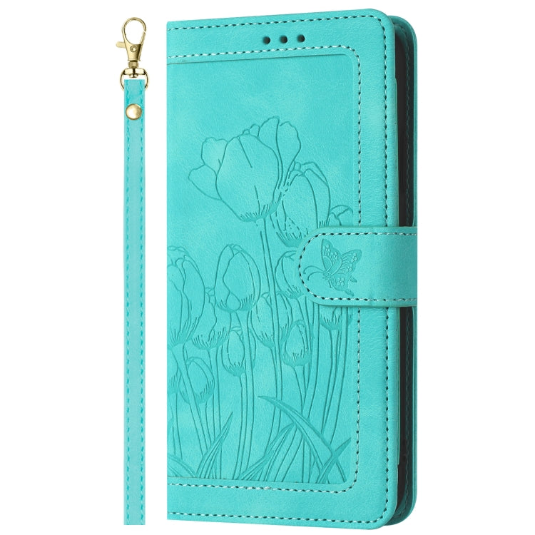 Funda de Cuero con Relieve de Tulipanes para Sony Xperia 10 Vi con Cordón (Verde)
