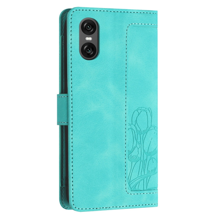 Funda de Cuero con Relieve de Tulipanes para Sony Xperia 10 Vi con Cordón (Verde)