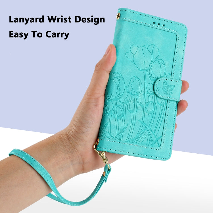 Funda de Cuero con Relieve de Tulipanes para Sony Xperia 10 Vi con Cordón (Verde)