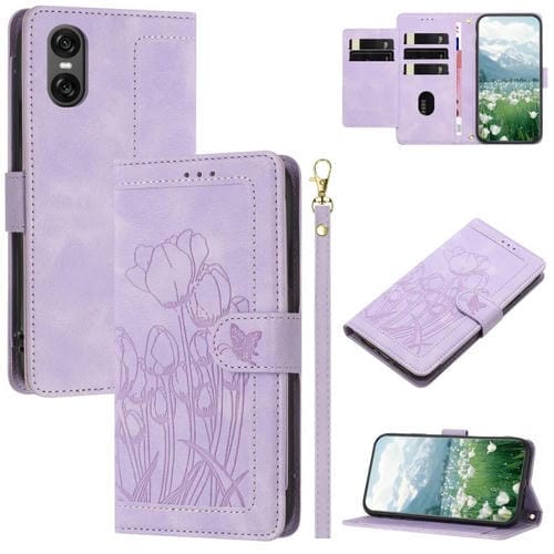 Funda de Cuero con Relieve Tulipanes para Sony Xperia 10 Vi con Cordón (Morado)