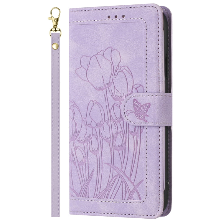 Funda de Cuero con Relieve Tulipanes para Sony Xperia 10 Vi con Cordón (Morado)
