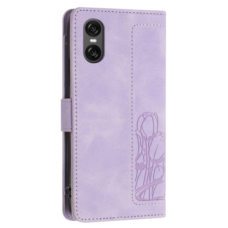 Funda de Cuero con Relieve Tulipanes para Sony Xperia 10 Vi con Cordón (Morado)