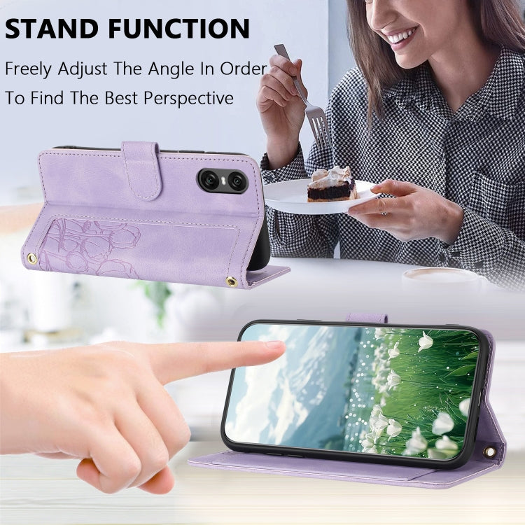Funda de Cuero con Relieve Tulipanes para Sony Xperia 10 Vi con Cordón (Morado)