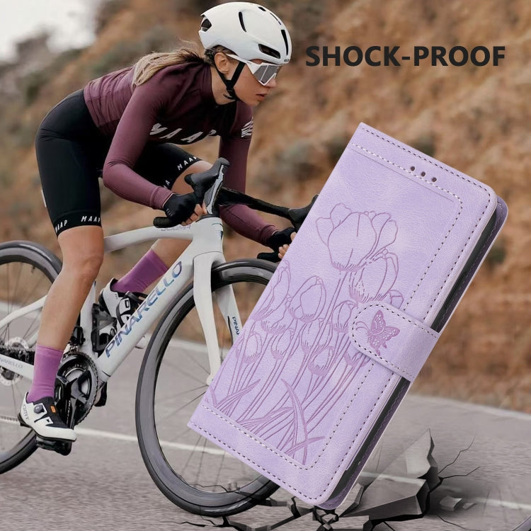 Funda de Cuero con Relieve Tulipanes para Sony Xperia 10 Vi con Cordón (Morado)