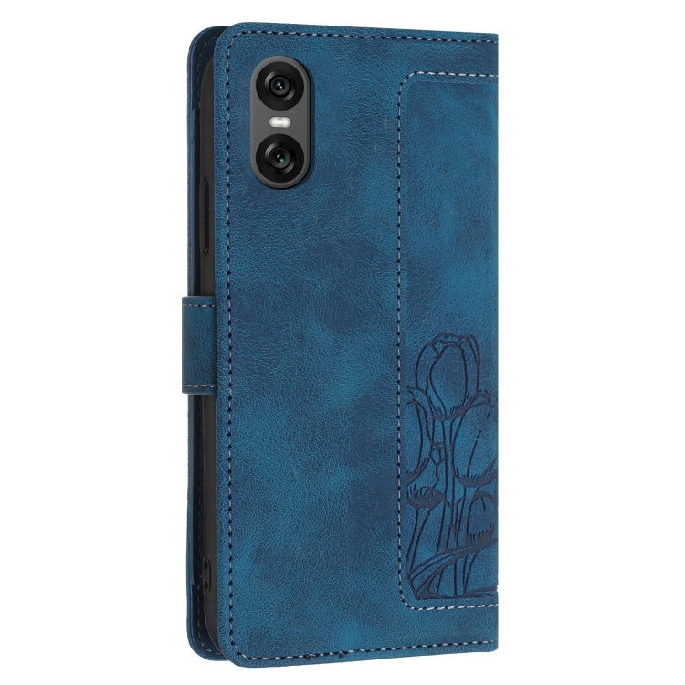 Funda de Cuero con Relieve de Tulipanes para Sony Xperia 10 Vi con Cordón (Azul)