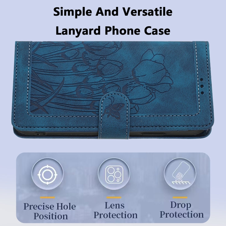Funda de Cuero con Relieve de Tulipanes para Sony Xperia 10 Vi con Cordón (Azul)