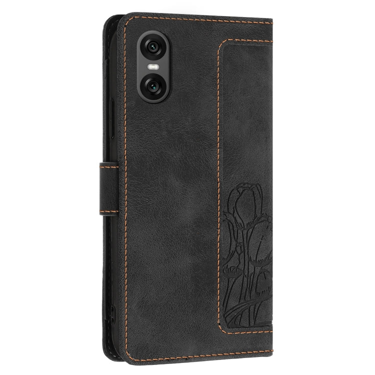 Funda de Cuero con Relieve de Tulipanes para Sony Xperia 10 Vi con Cordón (Negro)