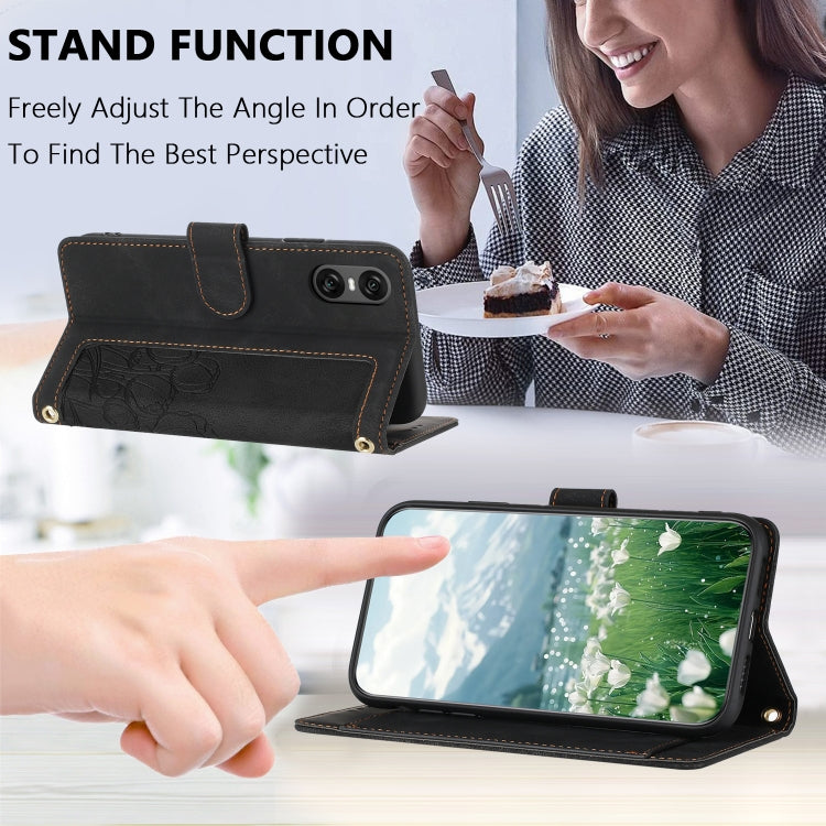 Funda de Cuero con Relieve de Tulipanes para Sony Xperia 10 Vi con Cordón (Negro)