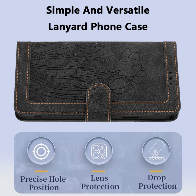 Funda de Cuero con Relieve de Tulipanes para Sony Xperia 10 Vi con Cordón (Negro)