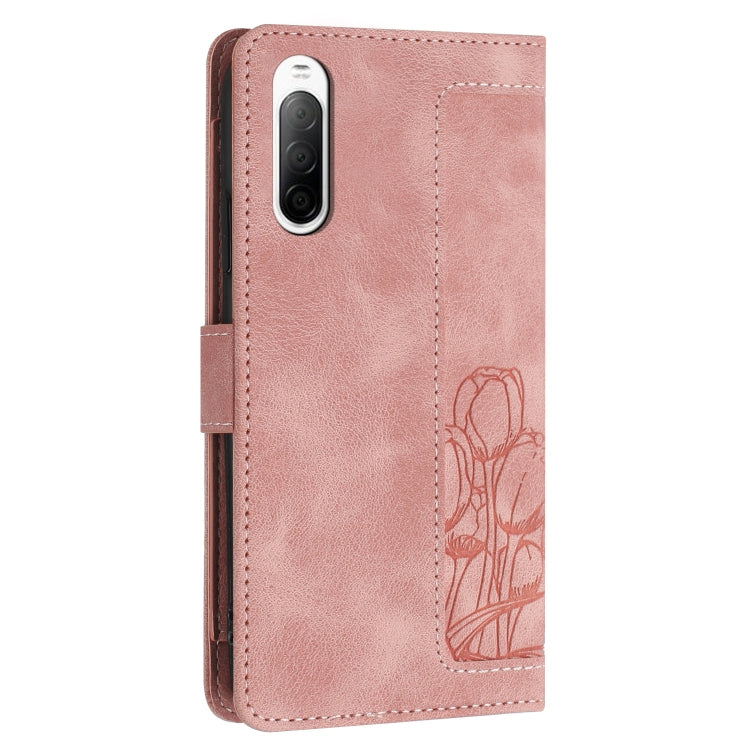 Funda de Cuero con Relieve de Tulipanes para Sony Xperia 10 V con Cordón (Rosa)
