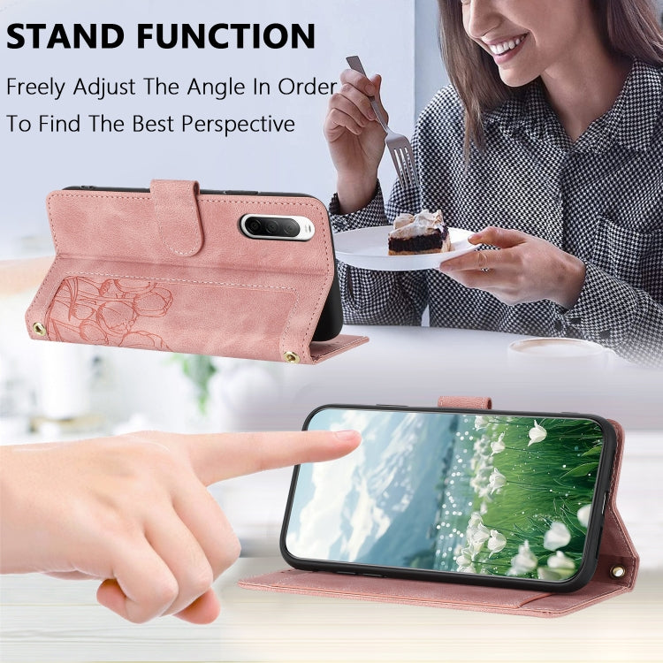 Funda de Cuero con Relieve de Tulipanes para Sony Xperia 10 V con Cordón (Rosa)