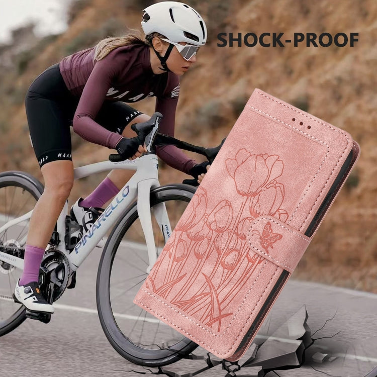 Funda de Cuero con Relieve de Tulipanes para Sony Xperia 10 V con Cordón (Rosa)