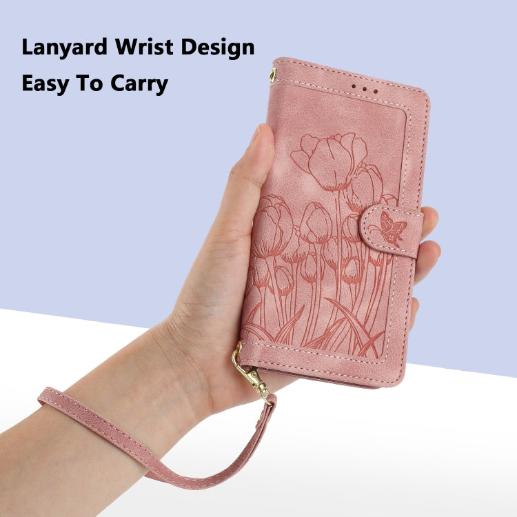 Funda de Cuero con Relieve de Tulipanes para Sony Xperia 10 V con Cordón (Rosa)