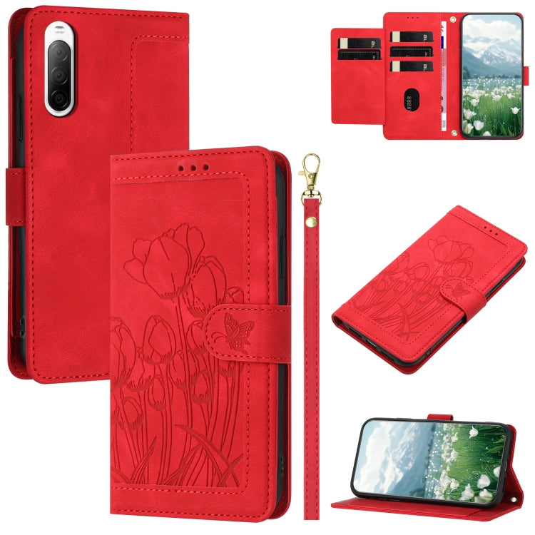 Funda de Piel con Relieve de Tulipanes para Sony Xperia 10 V con Cordón (Rojo)