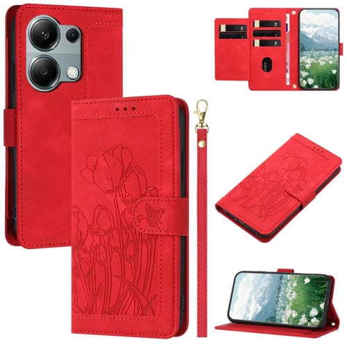 Funda de Cuero con Relieve de Tulipanes para Redmi Note 13 Pro 5G con Cordón (Rojo)