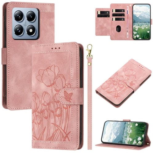 Funda De Piel Con Relieve De Tulipanes Para Xiaomi 14T Con Cordón (Rosa)